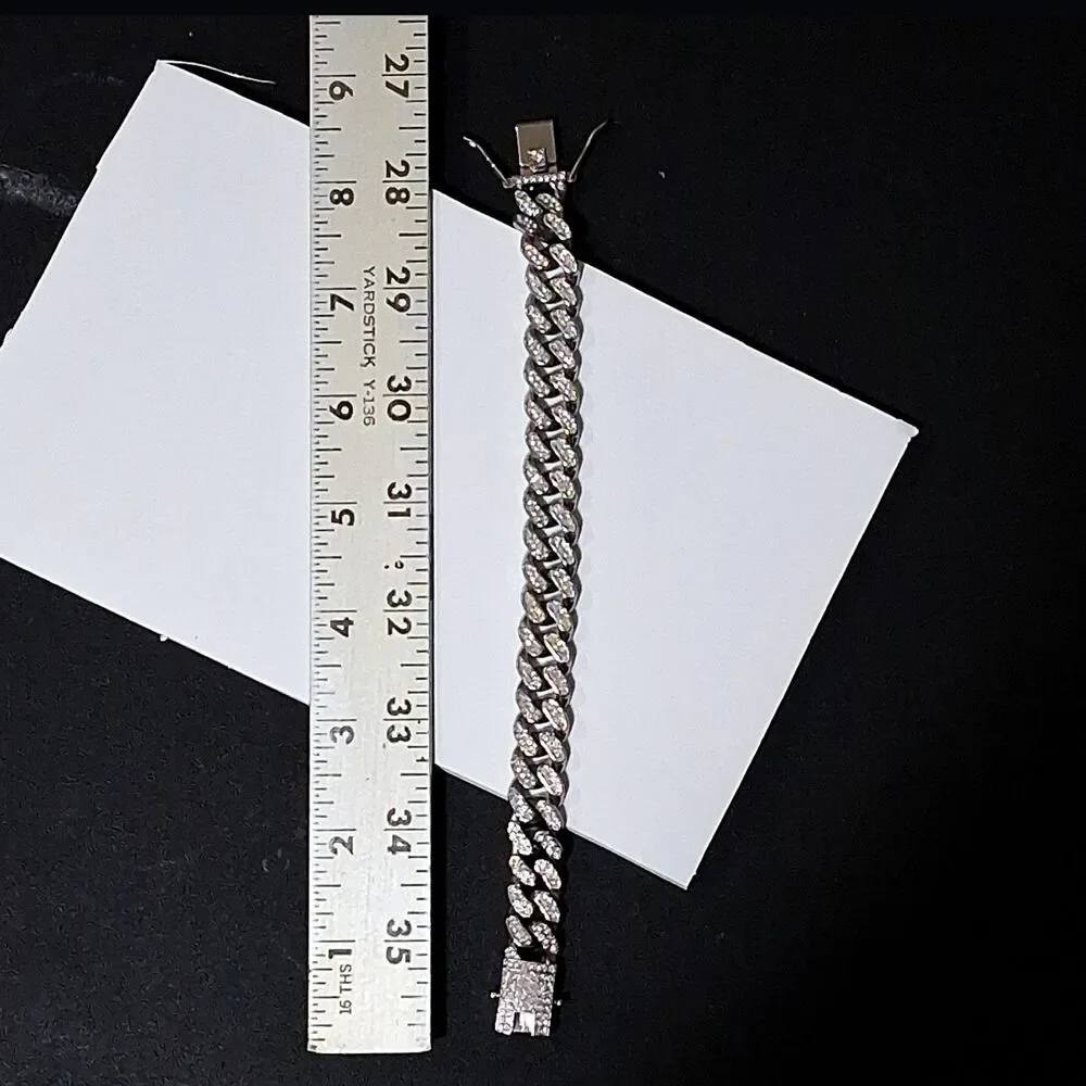 Chunky Silver Tone Cuban Link Curb Chain Bracelet, Heavy Pave Rhinestone 8